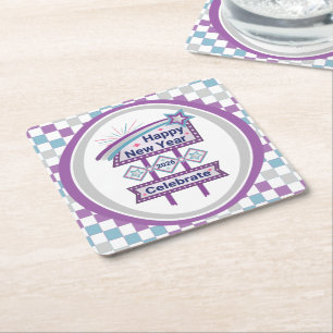 Retro Happy New Year Sign – Celebrate Marquee Square Paper Coaster