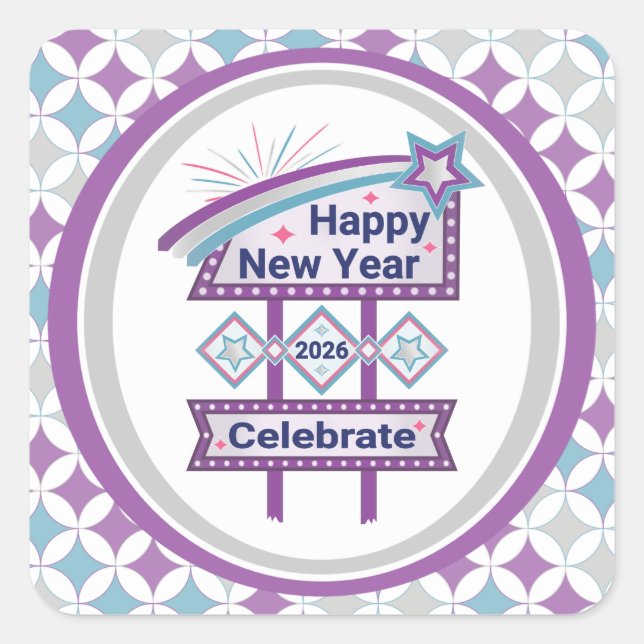 Retro Happy New Year Sign – Celebrate Marquee Square Sticker (Front)