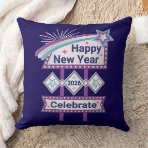Retro Happy New Year Sign – Celebrate Marquee Throw Pillow
