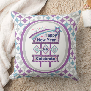 Retro Happy New Year Sign – Celebrate Marquee Throw Pillow