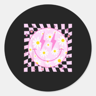 Retro Happy Smile Face Checkered Pattern Nk Daisy  Classic Round Sticker