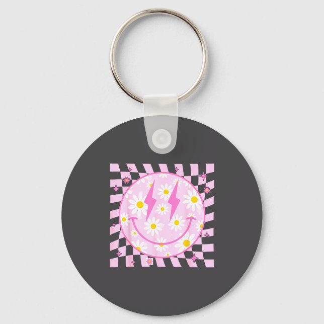 Retro Happy Smile Face Checkered Pattern Nk Daisy  Keychain (Front)