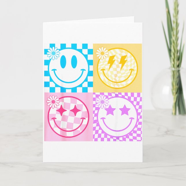 Retro Happy Smile Face Checkered Pattern Vibes Tre Card (Front)