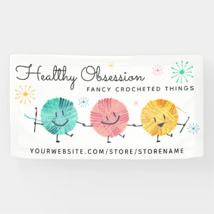 Retro happy yarn balls crochet hooks craft show banner