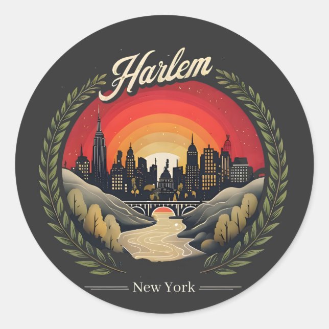 Retro Harlem Sunset: New York City Skyline  Classic Round Sticker (Front)