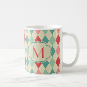 Retro Harlequin Geometric Pattern Monogram Coffee Mug