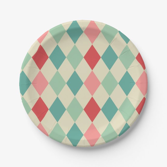 Retro Harlequin Geometric Pattern Paper Plate (Front)