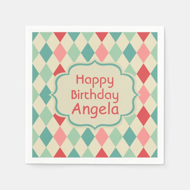 Retro Harlequin Geometric Pattern Personalized Napkin (Front)