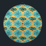 Retro Harlequin Globe Trotter Dartboard<br><div class="desc">This Retro Harlequin Globe Trotter Metal Cage Dartboard design features a repeating pattern of an abstract oval globe with wood grain continents and atomic symbols. The oceans on the vintage globe are in shades of teal and turquoise. The globe is on a triangular wooden stand and the whole world is...</div>