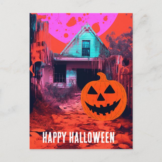  Retro Haunted Halloween House Pink Orange Blue Postcard (Front)