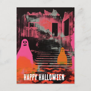 Retro Haunted Halloween House Pink Orange Ghosts Postcard