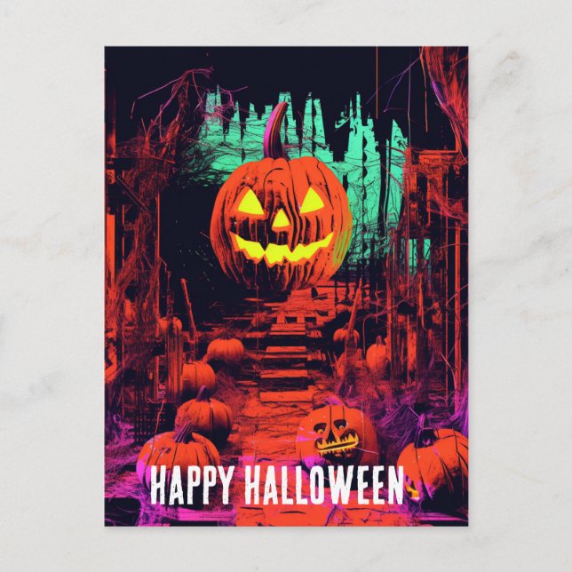  Retro Haunted Halloween Jack O Lanterns Postcard (Front)