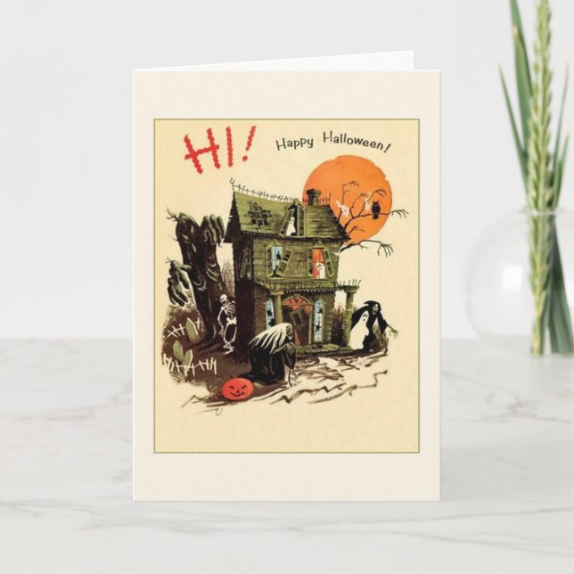 Retro Haunted House Halloween Greeting Card (Front)