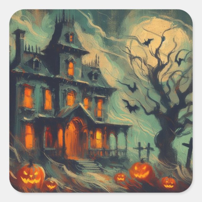 Retro Haunted House with Jack-o'-lantern Spooky Square Sticker (Front)