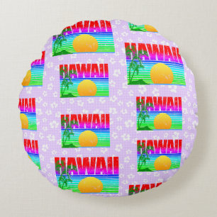 Retro Hawaii Sunset Beach Purple Hibiscus Round Pillow