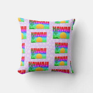 Retro Hawaii Sunset Beach Purple Hibiscus Throw Pillow