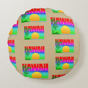 Retro Hawaii Sunset Beach Round Pillow