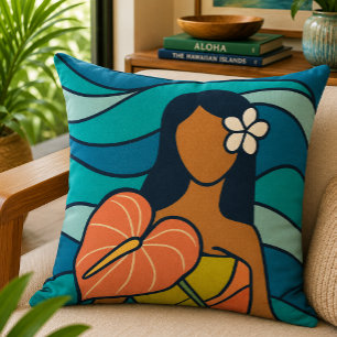 Retro Hawaiian Anthurium Lady Ocean Art Throw Pillow