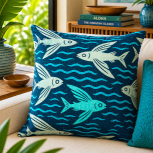 Retro Hawaiian Flying Fish Ocean Waves Pattern Throw Pillow