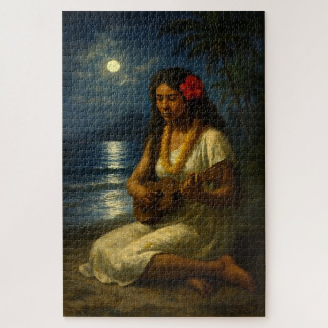 Retro Hawaiian Girl & Ukulele On A Moonlit Beach Jigsaw Puzzle (Vertical)