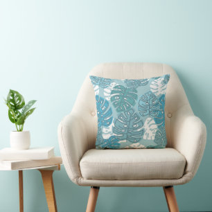 Retro Hawaiian Monstera Leaf Cool Blues Throw Pillow