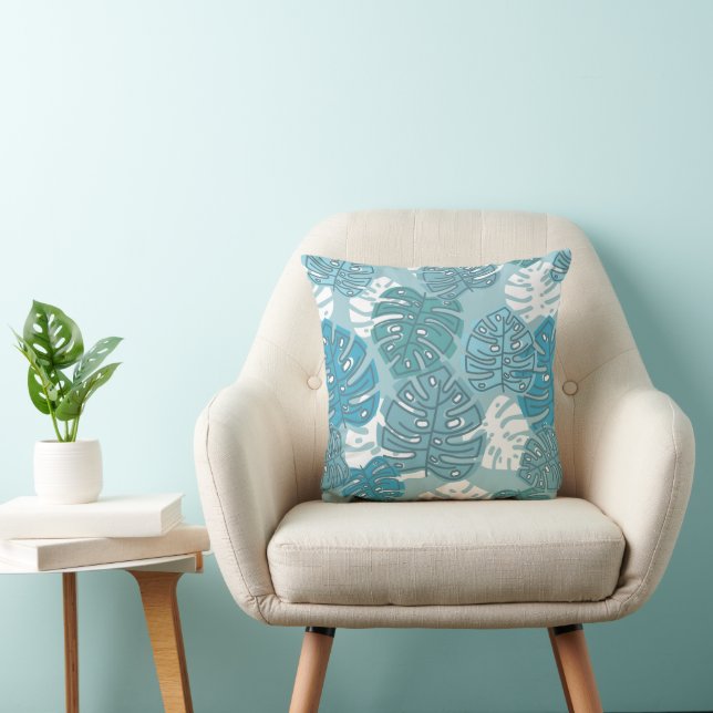 Retro Hawaiian Monstera Leaf Cool Blues Throw Pillow (Chair)