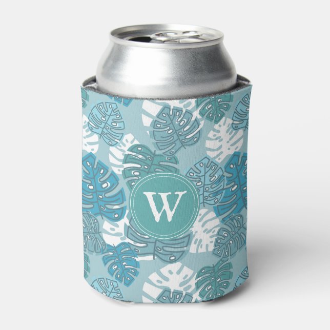 Retro Hawaiian Monstera Leaf Summer Blues Can Cooler (Can Front)