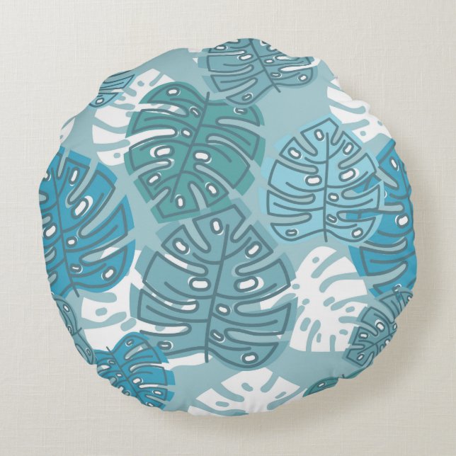 Retro Hawaiian Monstera Leaf Summer Blues Round Pillow (Back)
