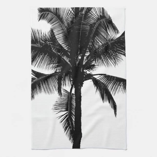 Retro Hawaiian Tropical Palm Tree Silhouette Black Kitchen Towel (Vertical)
