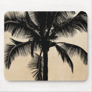 Retro Hawaiian Tropical Palm Tree Silhouette Black Mouse Pad