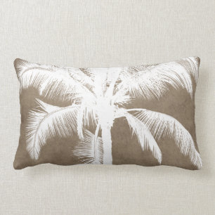 Retro Hawaiian Tropical Palm Tree Silhouette White Lumbar Pillow