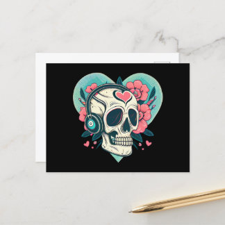 Retro Headphones Heart Skull Postcard