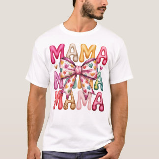 Retro Heart Bow Mama Stacked Design T-Shirt
