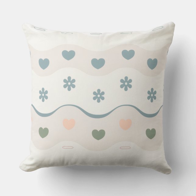 Retro Heart Meadow Stripe Throw Pillow (Front)