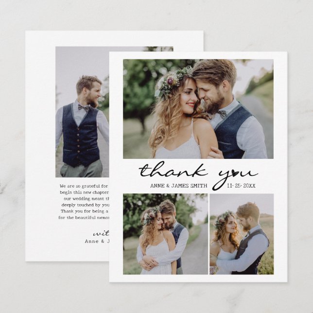 Retro Heart Script 4 Photo Collage Wedding Thank You Card (Front/Back)