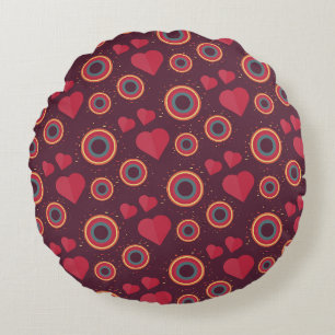 Retro Hearts and Circles Pattern Round Pillow