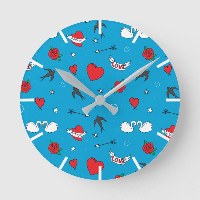 Retro Hearts and Flowers Romantic Round Clock (Front)