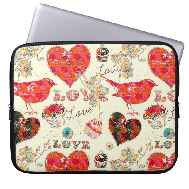 Retro Hearts Birds & Valentine's Day Elements Laptop Sleeve (Front)