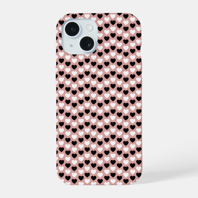 Retro Hearts Pink Black & White iPhone 15 Case (Back)