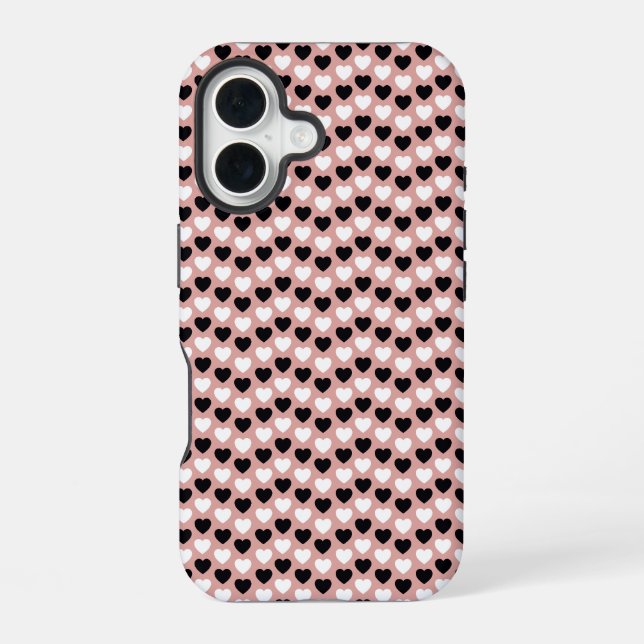 Retro Hearts Pink Black & White iPhone 16 Case (Back)