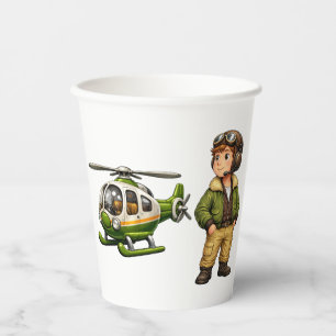 Retro Helicopter Pilot Boy with Vintage Chopper Paper Cups