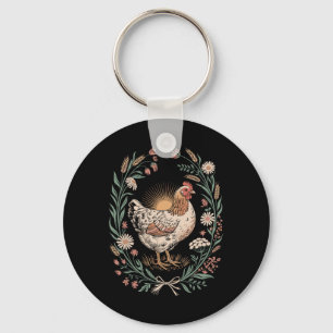 Retro Hen In Floral Frame Country Chicken Lover Ar Keychain