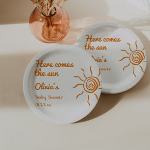Retro Here Comes The Son Hand Drawn Baby Shower Paper Plate