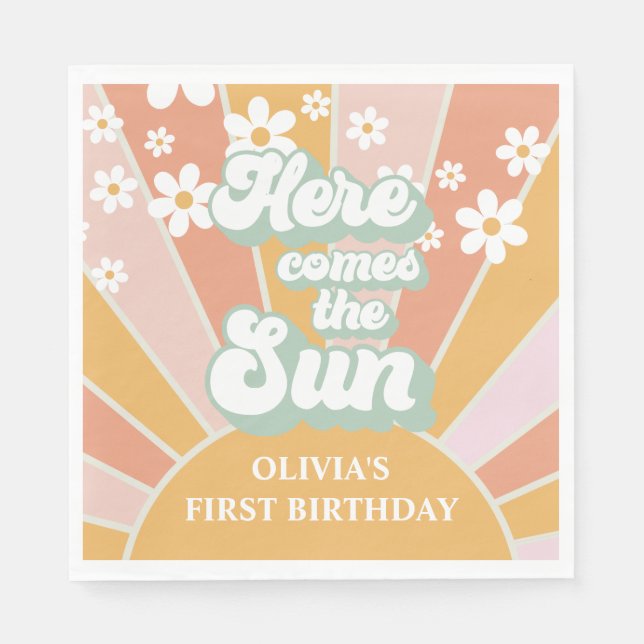 Retro Here comes the Sun Daisy boho birthday Napkin (Front)