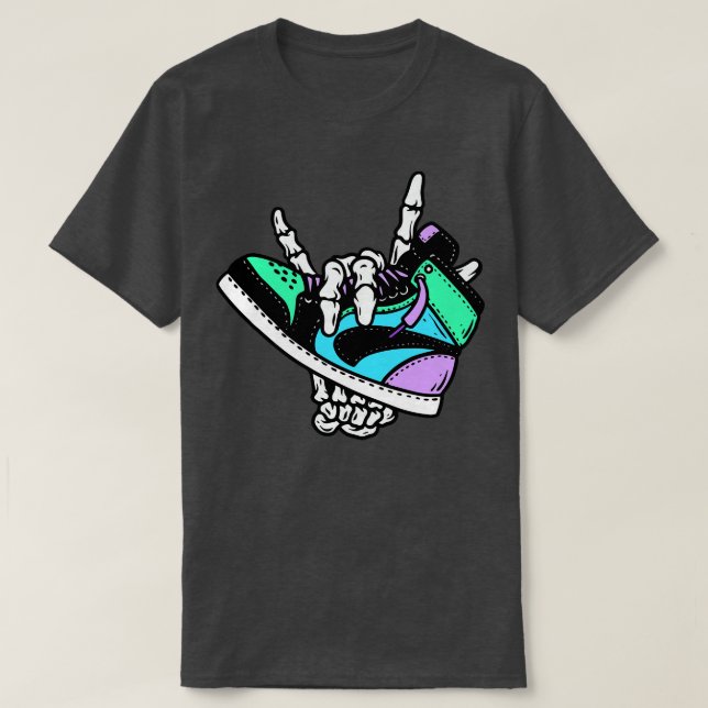 Retro High Top Sneaker in the Hands of a Skeleton (Design Front)