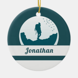 Retro Hiking Camping Landscape Custom Name Teal   Ceramic Ornament
