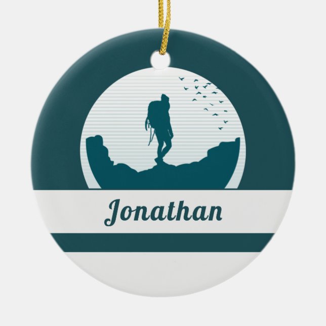 Retro Hiking Camping Landscape Custom Name Teal   Ceramic Ornament (Front)