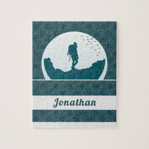 Retro Hiking Camping Landscape Custom Name Teal    Jigsaw Puzzle