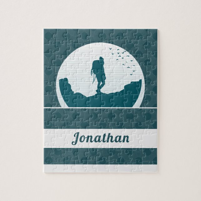 Retro Hiking Camping Landscape Custom Name Teal    Jigsaw Puzzle (Vertical)