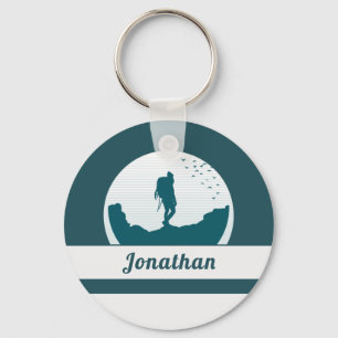 Retro Hiking Camping Landscape Custom Name Teal   Keychain